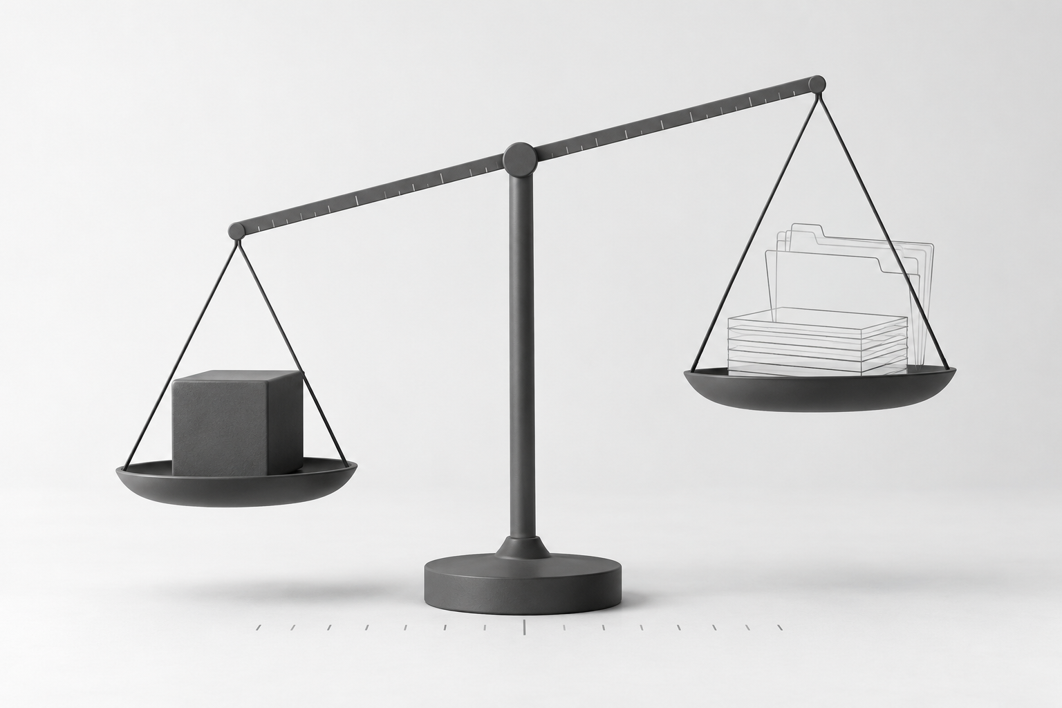 A balance scale: one pan holds a solid dark block, the other a faint outline of folders and papers that weighs nothing.
